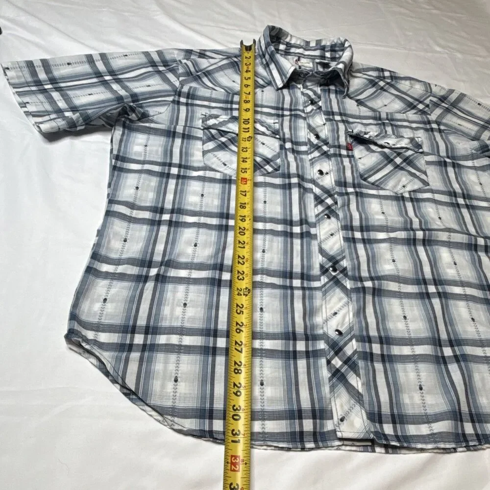 Levi's Mens Blue White Plaid Short Sleeve Pearl Button-Up Shirt Skull Graphic L